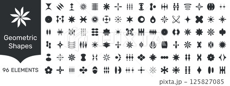Retro Futuristic Design Elements Geometric Y2K Symbols Big Collection Solid Icon Set. Geometric Y2K Symbols Big Collection Silhouette Symbol Collection. Isolated Vector Illustration 125827085