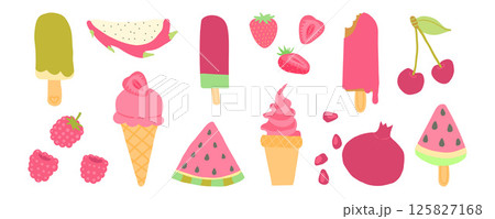 Vivid red and pink ice cream, popsicles, and berries including watermelon, cherry, and raspberry deliver bold, fruity vibes for summer sweets 125827168