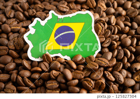 Brazil flag on coffee beans, shopping online for export or import food product. 125827304