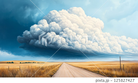 dramatic funnel cloud looms over flat landscape, creating sense of chaos and beauty. expansive sky contrasts with golden fields, evoking feeling of awe and wonder 125827427