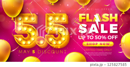 5 May Shopping Day Flash Sale Design with 3d 5.5 Light Bulb Billboard Number and Party Balloon on Red Background. Vector Special Offer 50 Percent Off Campaign Discount Illustration for Coupon, Voucher 125827585
