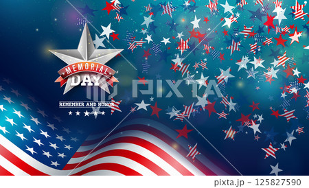 Memorial Day of the USA Vector Illustration with American Flag on Falling Colorful Star Background. National Veteran Patriotic Celebration Design with Typography Lettering for Banner, Flyer, Greeting Memorial Day of the USA Vector Illustration with American Flag on Falling Colorful Star Background. National Veteran Patriotic Celebration Design with Typography Lettering for Banner, Flyer, Greeting 125827590