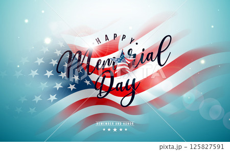 Memorial Day of the USA Vector Illustration with Typography Lettering on American Flag Background. National Veteran Patriotic Celebration Design with Typography Lettering for Banner, Flyer, Greeting 125827591