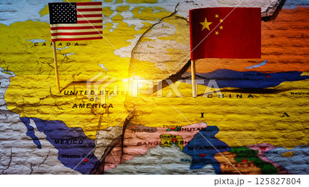 Flags of the USA or the United States of America and China on the world map in a cracked wall background. Concept of the United States of America versus China trade war disputes or economic conflict Flags of the USA or the United States of America and China on the world map in a cracked wall background. Concept of the United States of America versus China trade war disputes or economic conflict 125827804