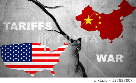 Flags of the USA or the United States of America and China on the cracked wall background. Concept of the United States of America versus China trade war disputes or economic conflict 125827807
