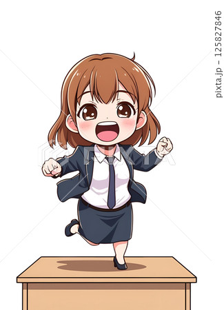 机の上に乗って元気なポーズの可愛いスーツ姿の女性のイラスト 125827846