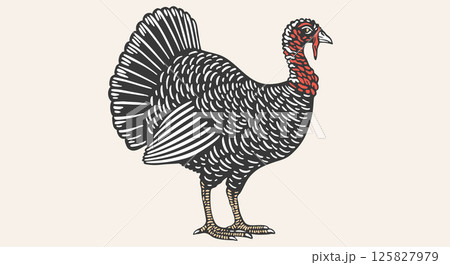 Turkey. Vintage retro print, color turkey drawing, engrave old school style. Sketch artwork silhouette turkey for thanksgiving day on white background. Side view profile. Vector Illustration 125827979