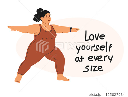 Body positive plus size woman practicing yoga Body positive plus size woman practicing yoga 125827984