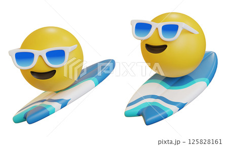 Sunglasses face emoji riding a surfboard 3D icon 125828161