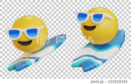 Sunglasses face emoji riding a surfboard 3D icon 125828161