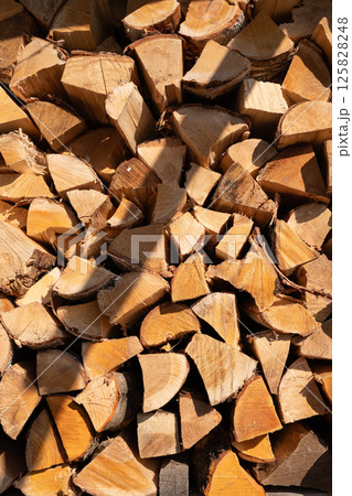 Stack of chopped firewood in sunlight Stack of chopped firewood in sunlight 125828248