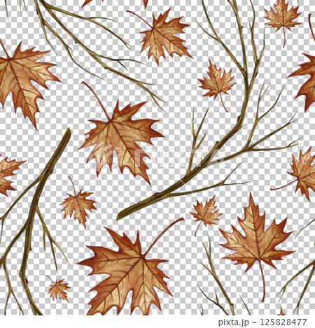 Seamless pattern with autumn maple leaves and branches. Handmade watercolor illustration. Color image. Great for packaging, decor, textiles and wallpaper, for printing and wrapping paper. 125828477