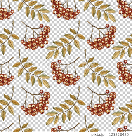 Seamless autumn pattern with berries and leaves of mountain ash. Handmade watercolor illustration. color image. For packaging, decor, textiles and wallpaper, printing and wrapping paper. Seamless autumn pattern with berries and leaves of mountain ash. Handmade watercolor illustration. color image. For packaging, decor, textiles and wallpaper, printing and wrapping paper. 125828480