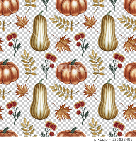 Seamless autumn pattern with pumpkins, leaves and flowers. Handmade watercolor illustration. Color image. For packaging, decor, textiles and wallpaper. As well as for printing and wrapping paper. 125828495