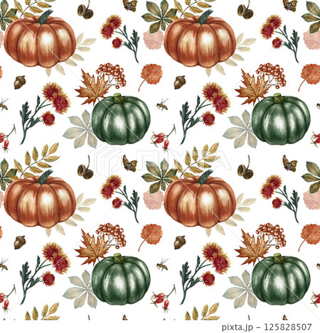 Seamless autumn pattern with pumpkins, leaves and flowers. Handmade watercolor illustration. Color image. For packaging, decor, textiles and wallpaper. As well as for printing and wrapping paper. Seamless autumn pattern with pumpkins, leaves and flowers. Handmade watercolor illustration. Color image. For packaging, decor, textiles and wallpaper. As well as for printing and wrapping paper. 125828507