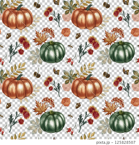Seamless autumn pattern with pumpkins, leaves and flowers. Handmade watercolor illustration. Color image. For packaging, decor, textiles and wallpaper. As well as for printing and wrapping paper. 125828507