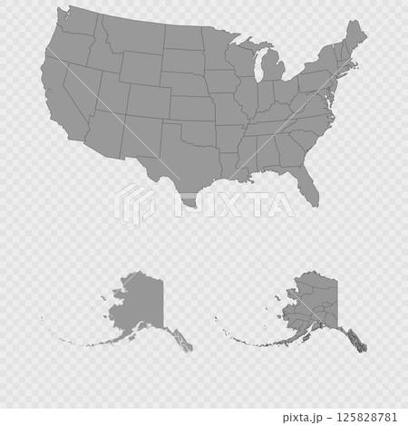 Alaska map set with USA location, clean outline, and full county breakdown. 125828781