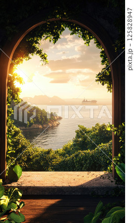 The sea viewed through an open window with wooden shutters offering a serene coastal view. 125828947