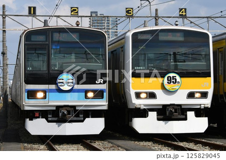 車両基地で並ぶE231系800番台（各駅停車・行徳表示）とE231系500番台（中央特快・高尾表示） 125829045