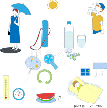 熱中症予防、夏を涼しく過ごす工夫のイラストセット 125829078
