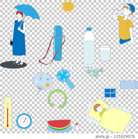 熱中症予防、夏を涼しく過ごす工夫のイラストセット 125829078