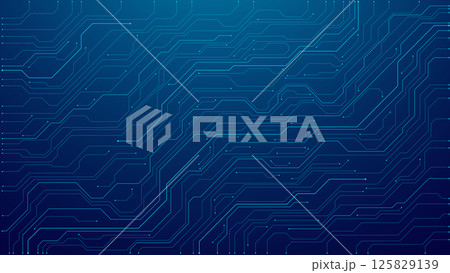 Futuristic blue wires on a circuit board on a technological background 125829139