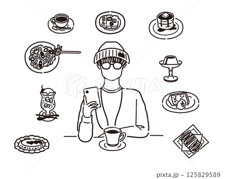喫茶店のメニューと男性のイラスト(線画) 喫茶店のメニューと男性のイラスト(線画) 125829589