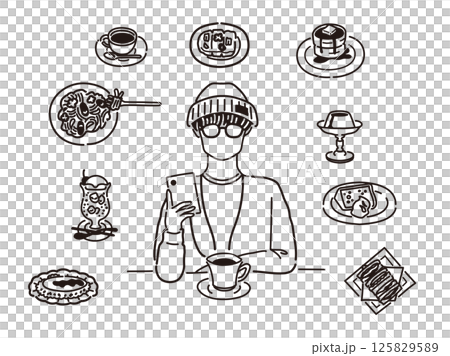喫茶店のメニューと男性のイラスト(線画) 喫茶店のメニューと男性のイラスト(線画) 125829589