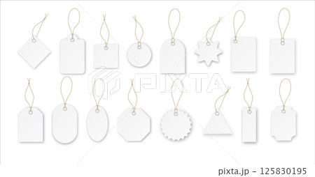 Blank paper price vector tags or gift tags in different shapes. Set of labels with cord. Vector Blank paper price vector tags or gift tags in different shapes. Set of labels with cord. Vector 125830195