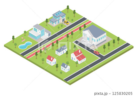 Isometric module city with houses add buildings, swimming pool, trees from urban building vector architecture. Modern green city illustration for design game and business white background Isometric module city with houses add buildings, swimming pool, trees from urban building vector architecture. Modern green city illustration for design game and business white background 125830205