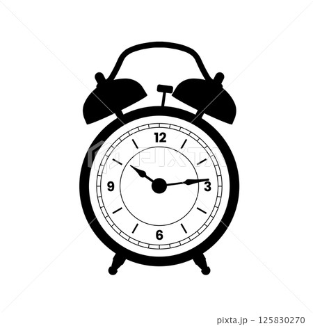 Alarm Clock Silhouette Black and White Illustration Icon on Isolated White Background Suitable for Measuring Device, Alert, Time Icon 125830270