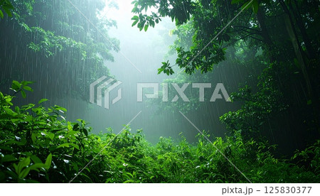 雨が降っている森の風景 125830377