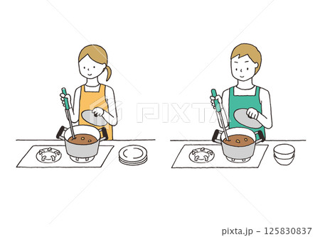 料理をする男女の手描きイラスト 料理をする男女の手描きイラスト 125830837