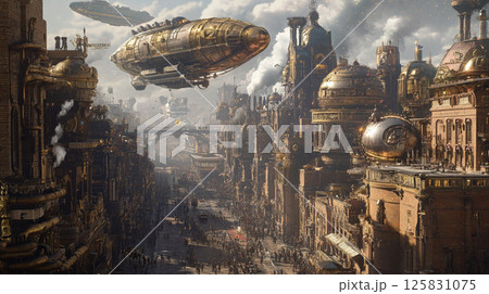 スチームパンクの未来都市、飛行船と煙 125831075