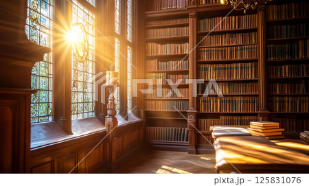 ステンドグラスから光が差し込む書斎 125831076