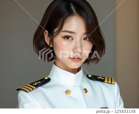 白い詰襟の制服を着た女性船長 125831138