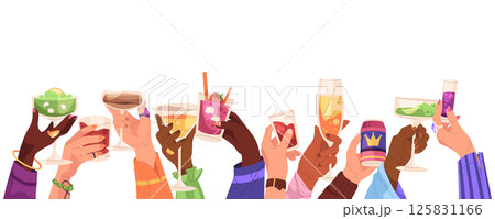 Hand palms raised and holding cocktail drinks and alcohol. Vector illustration for summer party with beverage in tropical glasses. Night club celebration or bar event, lounge relaxation. Holiday toast 125831166