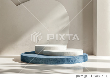 3D rendering of blue and white podiums with round shapes on an isolated background, in a minimalist style with a blue color theme, professional photoshoot for an advertising campaign 125831404
