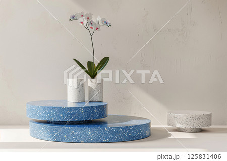 3D rendering of blue and white podiums with round shapes on an isolated background, in a minimalist style with a blue color theme, professional photoshoot for an advertising campaign 125831406