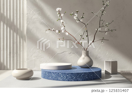 3D rendering of blue and white podiums with round shapes on an isolated background, in a minimalist style with a blue color theme, professional photoshoot for an advertising campaign 125831407