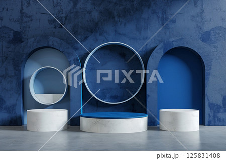 3D rendering of blue and white podiums with round shapes on an isolated background, in a minimalist style with a blue color theme, professional photoshoot for an advertising campaign 125831408