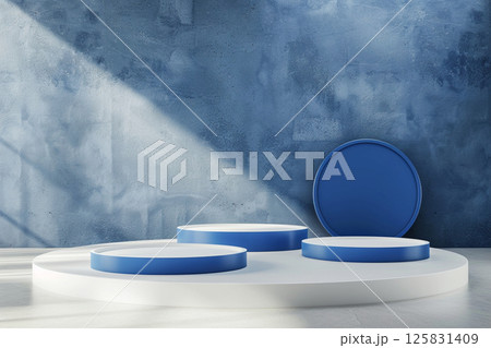 3D rendering of blue and white podiums with round shapes on an isolated background, in a minimalist style with a blue color theme, professional photoshoot for an advertising campaign 125831409