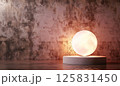 3D render of a simple, minimalistic podium with a glowing circle on a pastel background. The style is animated and cartoon-like, with a focus on minimalism 125831450