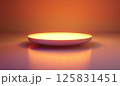 3D render of a simple, minimalistic podium with a glowing circle on a pastel background. The style is animated and cartoon-like, with a focus on minimalism 125831451