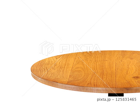 Round wooden table corner view, isolated on white background. 125831465