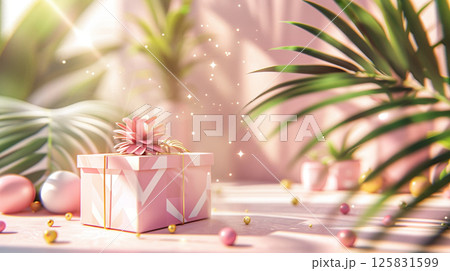 3D rendering of a gift box podium background with a pastel pink color, geometric shapes, and palm leaf decorations for a birthday party or special event 3D rendering of a gift box podium background with a pastel pink color, geometric shapes, and palm leaf decorations for a birthday party or special event 125831599