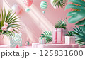 3D rendering of a gift box podium background with a pastel pink color, geometric shapes, and palm leaf decorations for a birthday party or special event 125831600