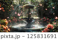 whimsical garden with blooming flowers, cascading waterfalls, and an ornate fountain in the center. Sunbeams filter through leaves, creating dappled light on the petals of pink roses 125831691
