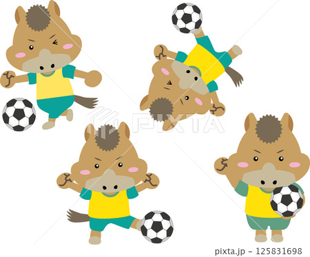 【午年・干支】サッカーをする元気な馬のキャラクター｜年賀状・スポーツ・子ども向けに最適なイラスト素材 125831698