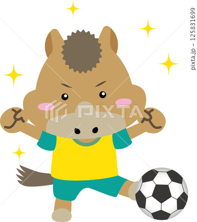 【午年・干支】サッカーをする元気な馬のキャラクター｜年賀状・スポーツ・子ども向けに最適なイラスト素材 125831699